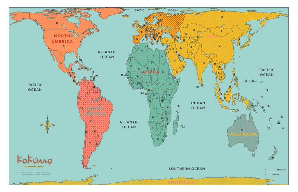 Learn by Numbers - KOKUMO True Size World Map (8.3"x11.7"), Two-sided