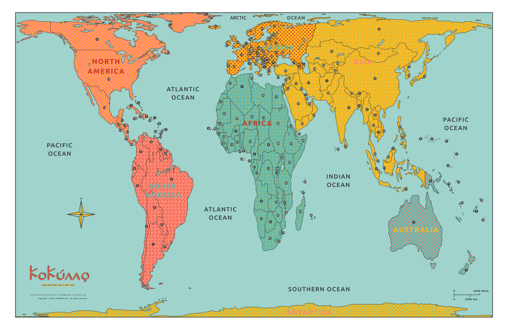 Learn by Numbers - KOKUMO True Size World Map (8.3"x11.7"), Two-sided